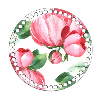 Картинка крышка для вязания корзинки из трикотажной пряжи, донышко с принтом цветы пионы лакированное покрытие, круг 20см