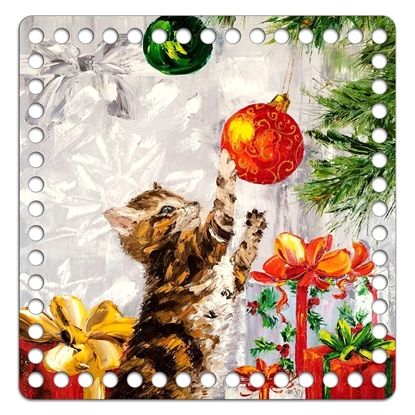 картинка крышка квадратная 20см с новогодним принтом для вязания корзинки в подарок, принт: винтаж 29 (котенок и елка)