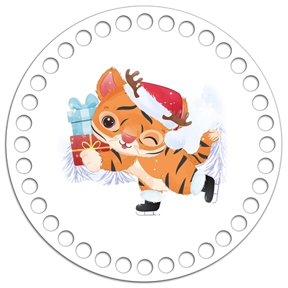 картинка донышко-крышка с новогодним принтом " тигренок"  диаметр 10см, основа для вязания маленькой корзинки в подарок на Новый год