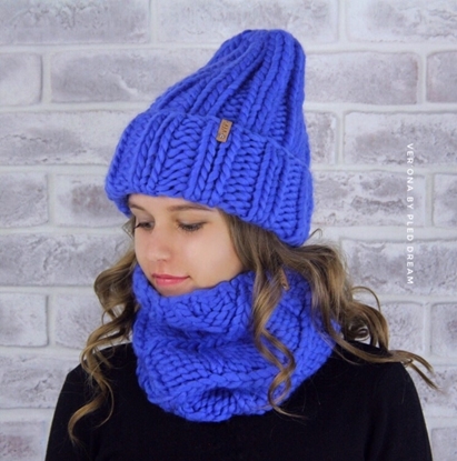 картинка зимний комплект из перуанской шерсти, шапка и снуд крупной вязки, ручная работа, зимняя шапка женская, цвет: синий, ультрамарин